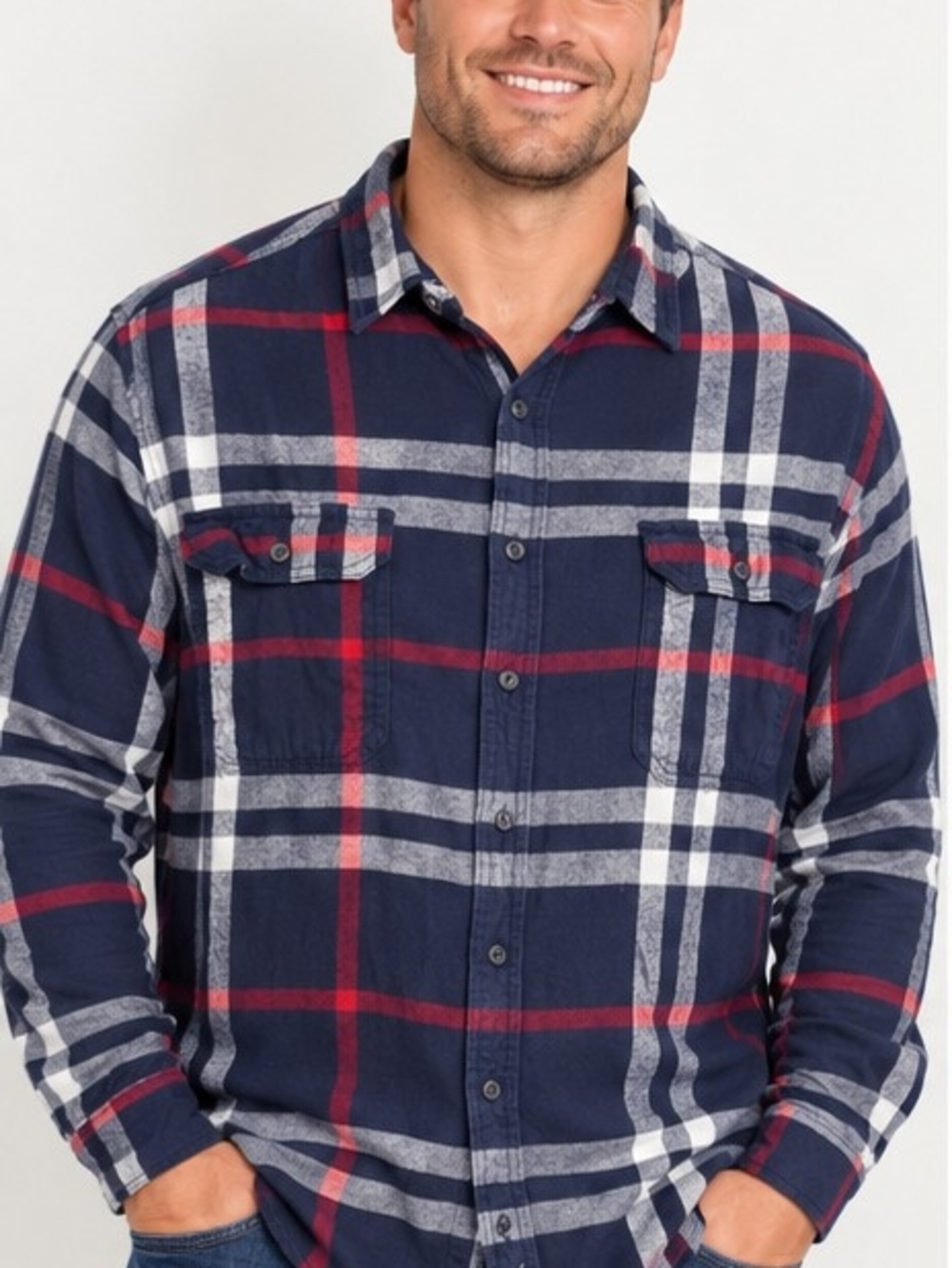 Men's Navy Plaid Button-Up Shirt with Red & White Accents